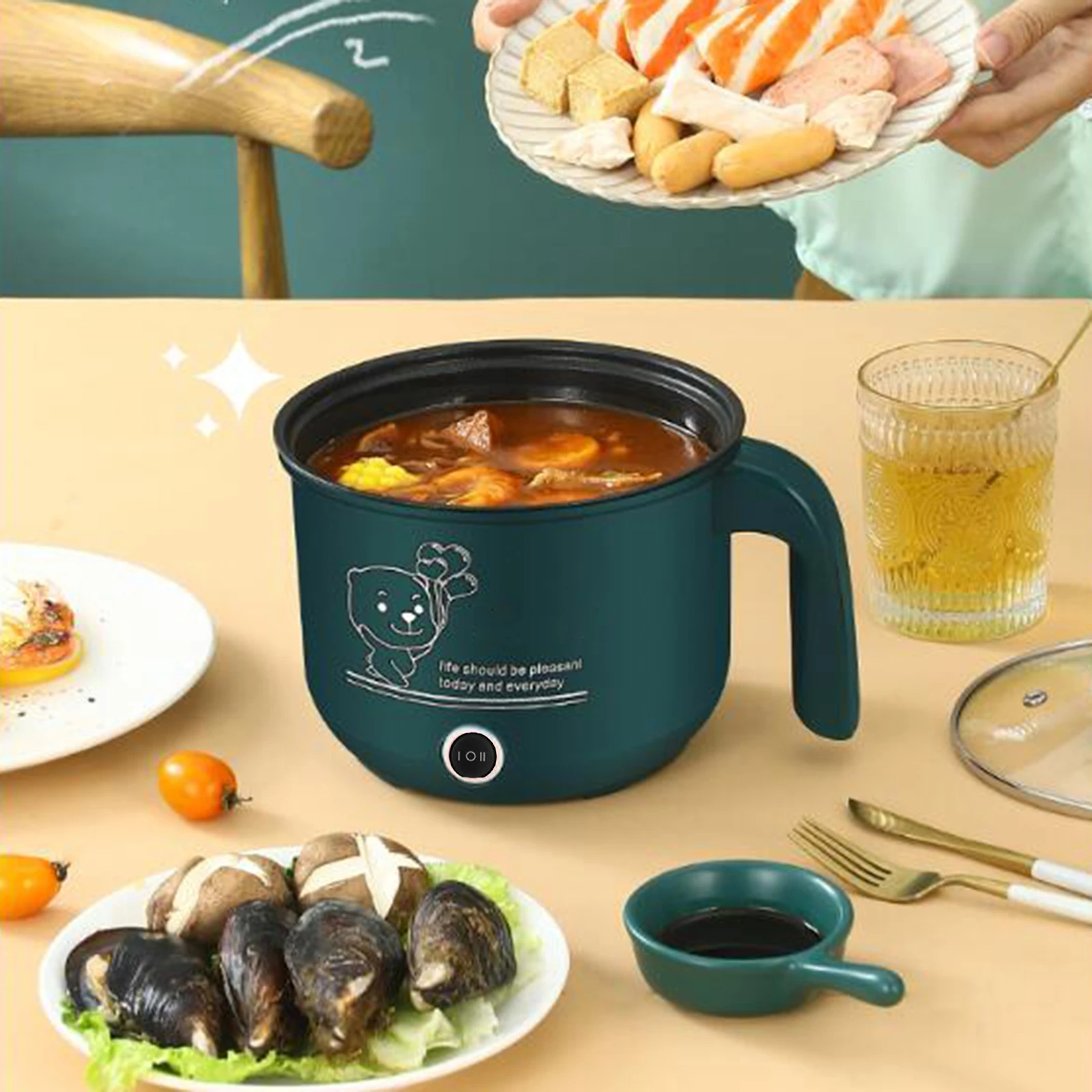 1, 8L 1-2 orang Mini kompor listrik makanan mie lapisan tunggal/ganda multifungsi anti-lengket panci mesin memasak uap untuk rumah