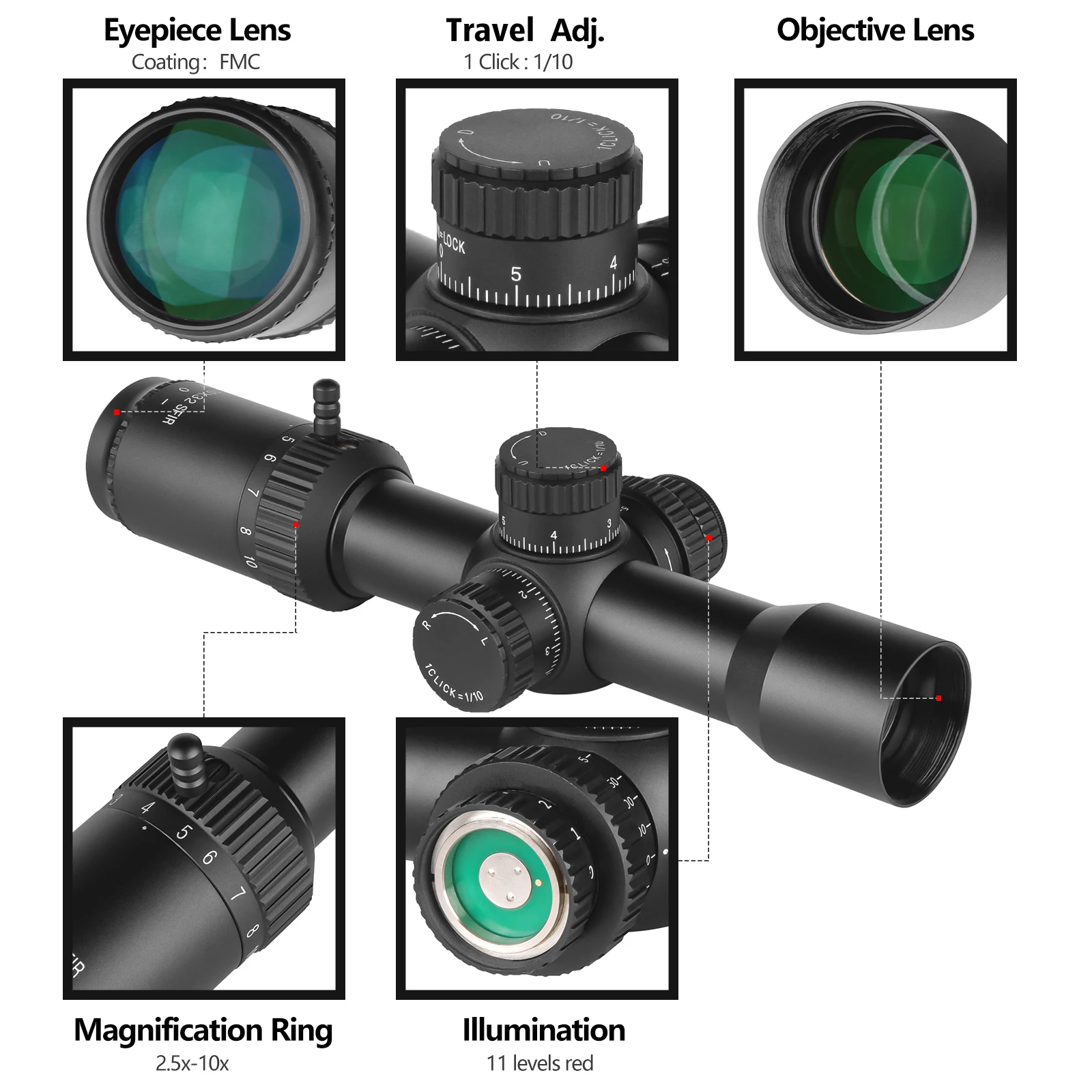 2.5-10x32 Side Focus Illuminated LPVO FMC 1/10 Tactical Scope Sight For Hunting