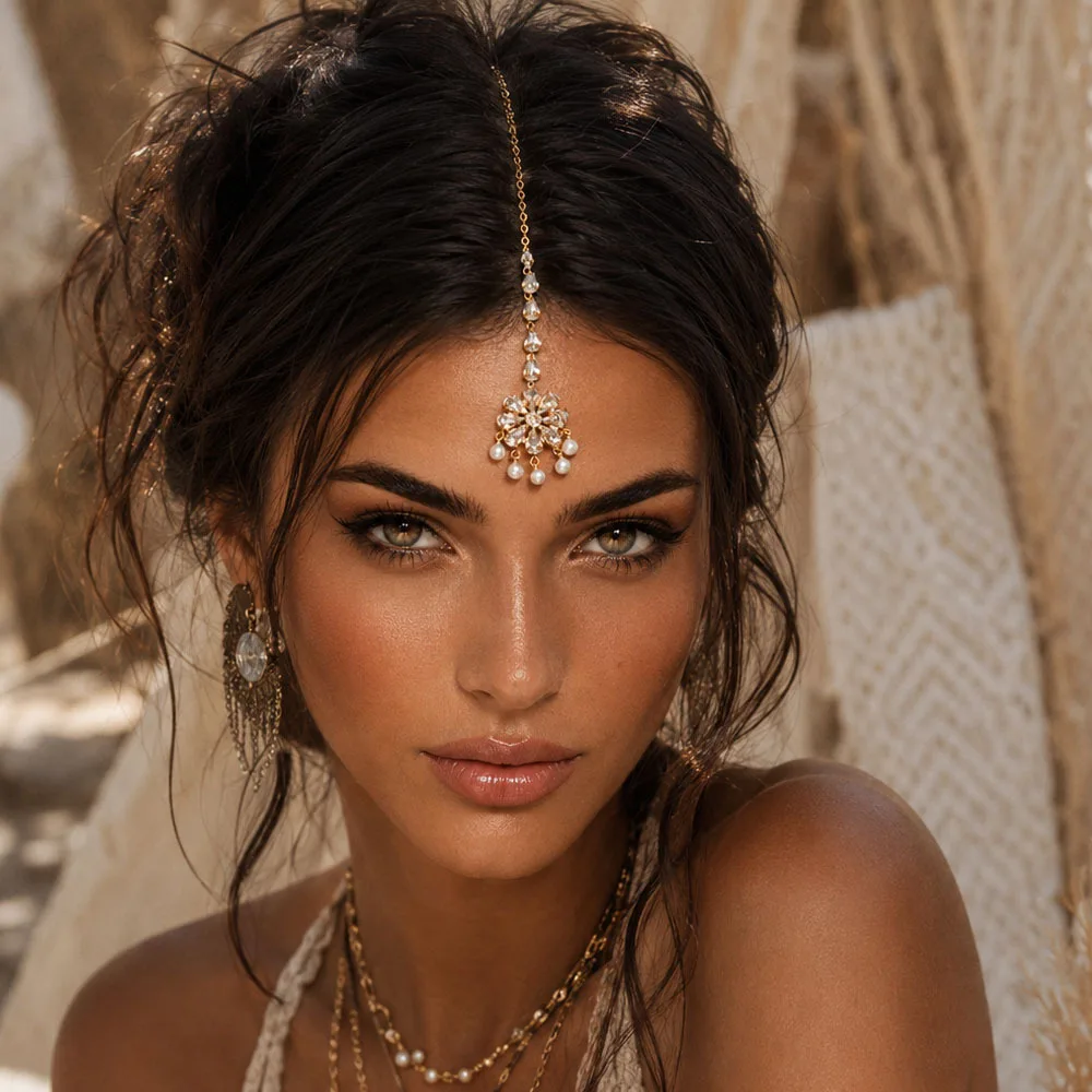 New Flower Head Chain Pearl Pendant Forehead Chain Exotic Ethnic Stage Indian Bridal Maang Tikka Hair Accessories