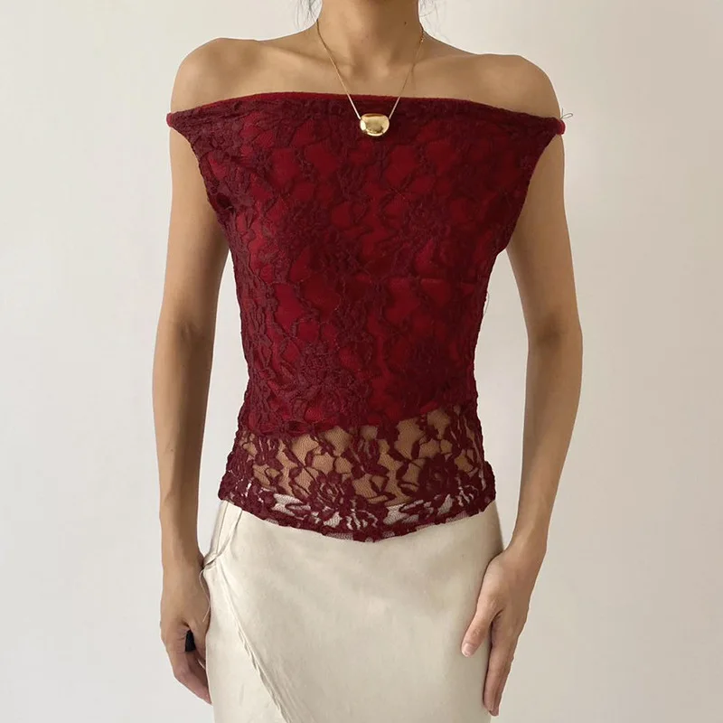 

Элегантный красный прозрачный кружевной тонкий жилет для женщин, летние сексуальные укороченные топы без рукавов с открытыми плечами, женские праздничные топы для вечеринок, футболка 2025