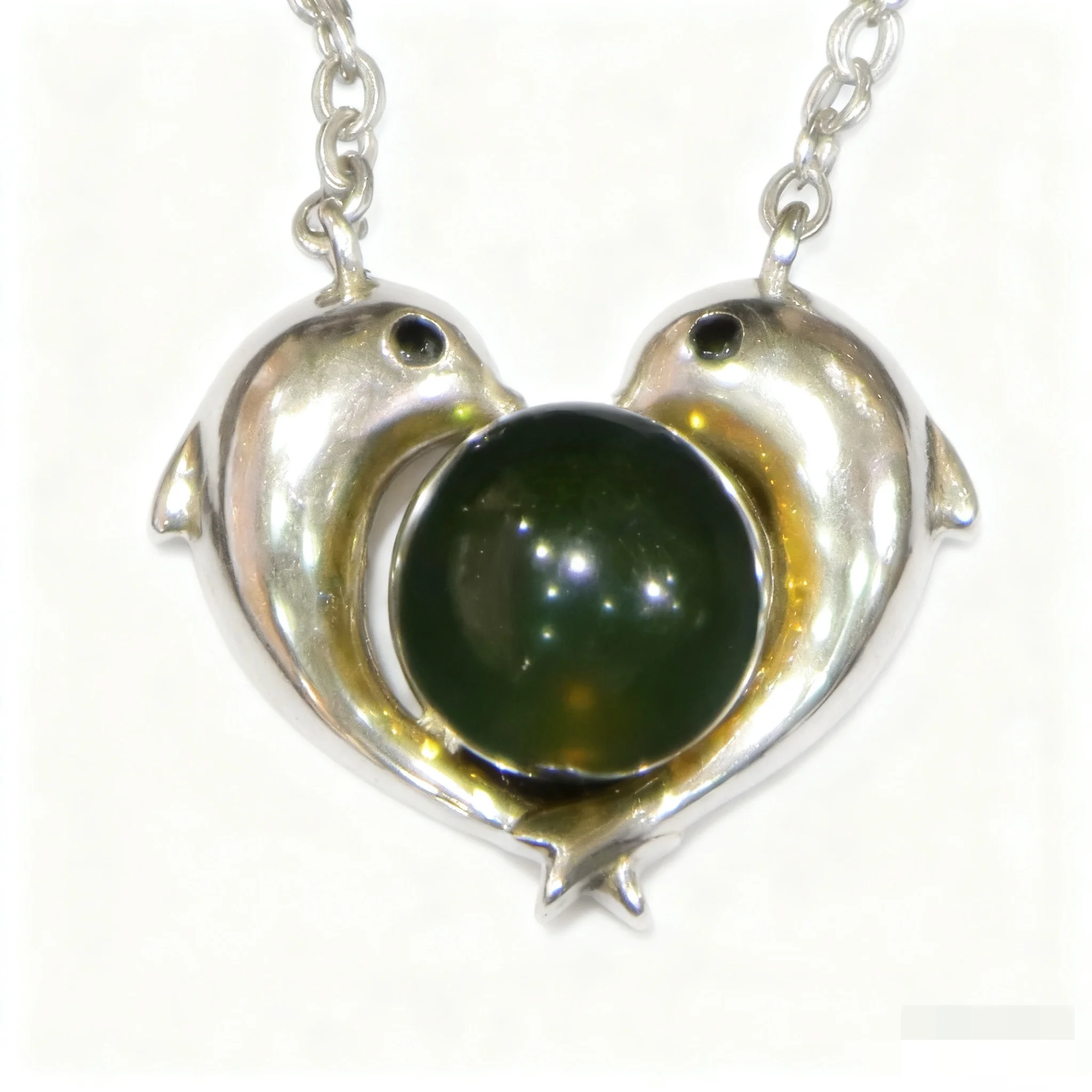 Sterling Silver Blue Amber Dolphin Necklace 10mm Mexican Natural Amber Heart Shape Pendant