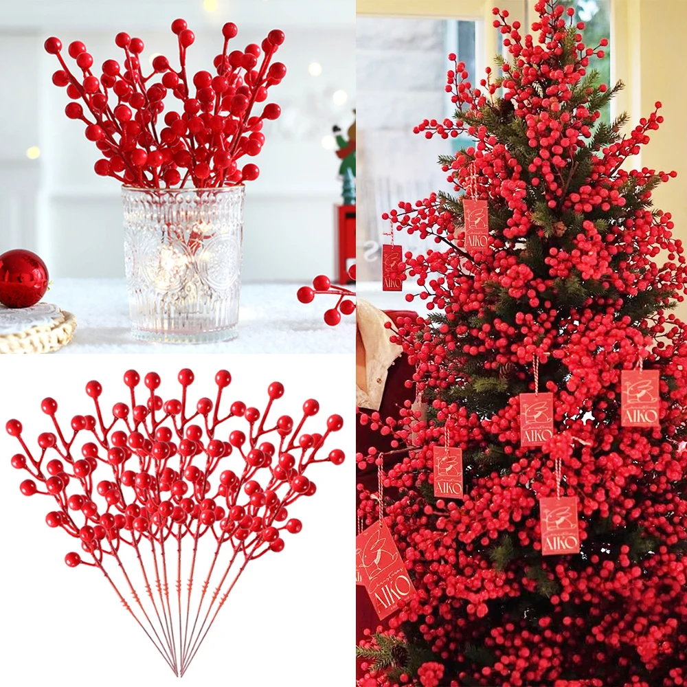 5/10/100pc Christmas Artificial Red Berry Flower Bouquet DIY Garland Xmas Tree Ornament Pendant HomeNew Year 2023 Christmas Deco