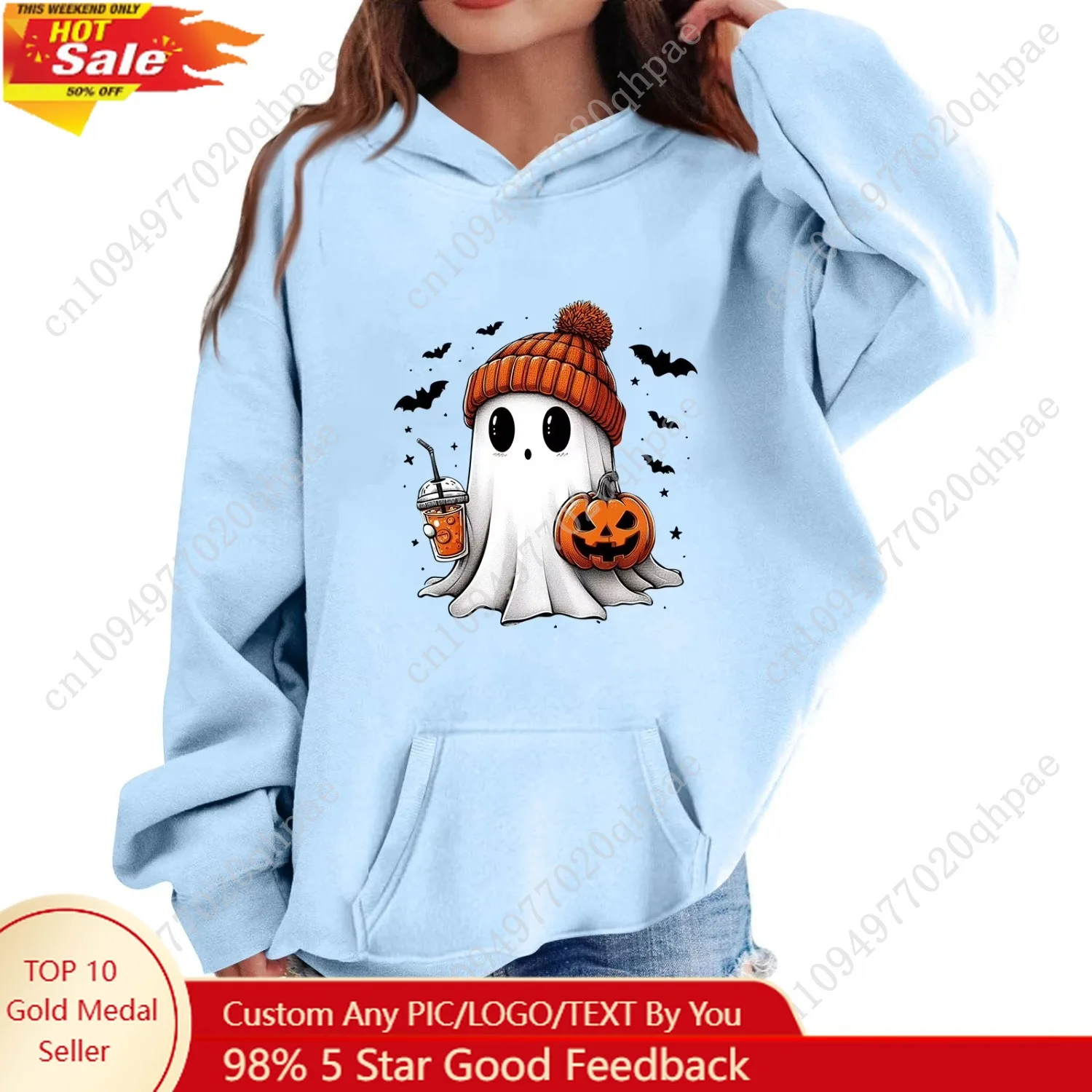 

Abcomgle Halloween Hoodies for Teen Girls Ghost Pumpkin Bat Printed Sweatshirts with Hooded Lightweight Long Sleeve Girls Pullov