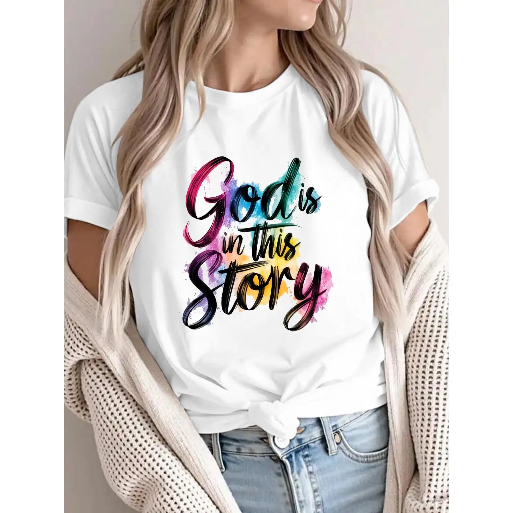 

God Is In This Story T-Shirt, Christian Faith Graphic Tee, Religious Quote Top, Colorful Inspirational Gift for Believers