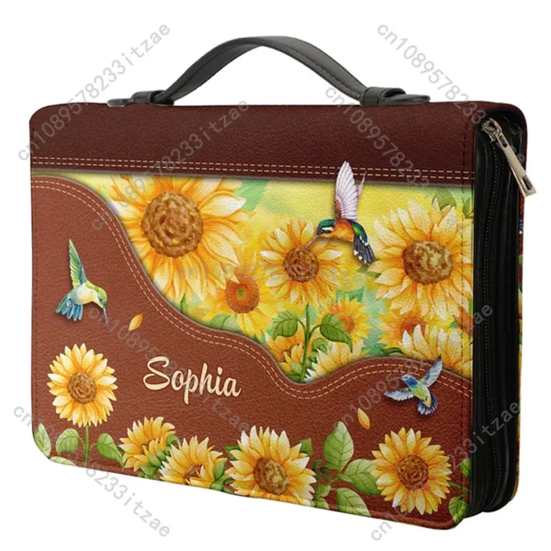 Bible Hymn Print PU Bible Storage Bag Sunflower Hummingbird Design Zippered Handle HandbagPortable Study Book Holy Storage Boxes