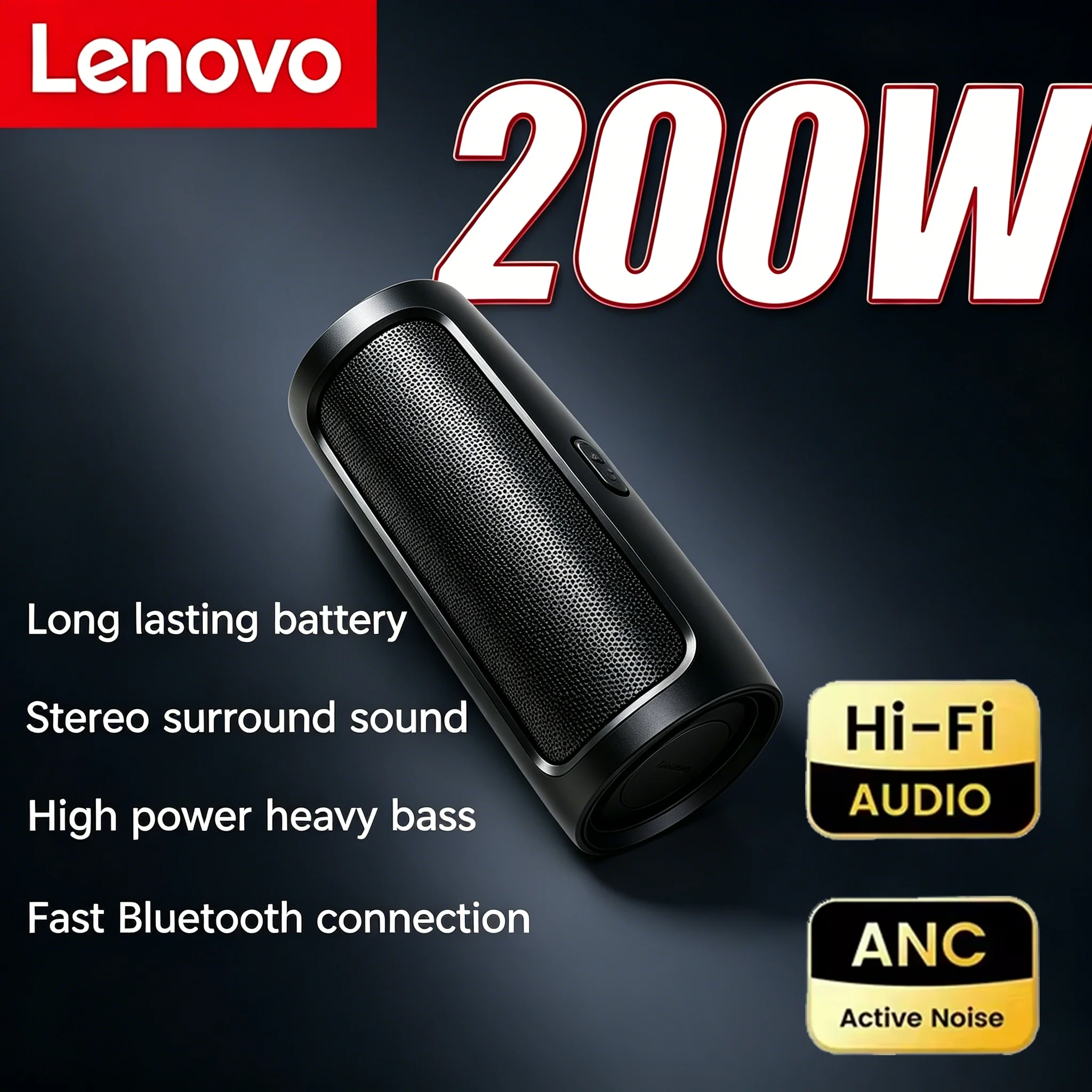 Lenovo 2026NEW Caixa de Som Estéreo Bluetooth Sem Fio Portátil com Subwoofer, Reprodução TF USB e Rádio FM com Transmissão de Voz