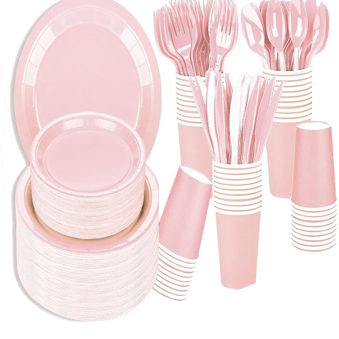 Vajilla desechable rosa claro que incluye platos, vasos, servilletas, tenedores, cucharas, decoraciones para bodas, cumpleaños y fiestas para 20 invitados.