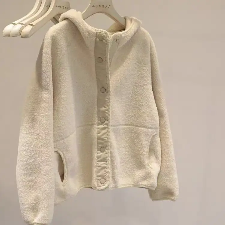 

Женская утепленная куртка с капюшоном из овечьей шерсти, зимнее теплое пальто на флисовой подкладке с бархатной отделкой, повседневное свободное пальто с длинными рукавами