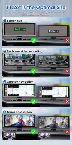 Imagen 2 del producto Cámara de salpicadero 4K DVR para coche de 11,26 pulgadas, doble lente, inalámbrica, Carplay y Android, grabadora de vídeo automática, Monitor, navegación GPS, 5G, Wifi, FM, AUX