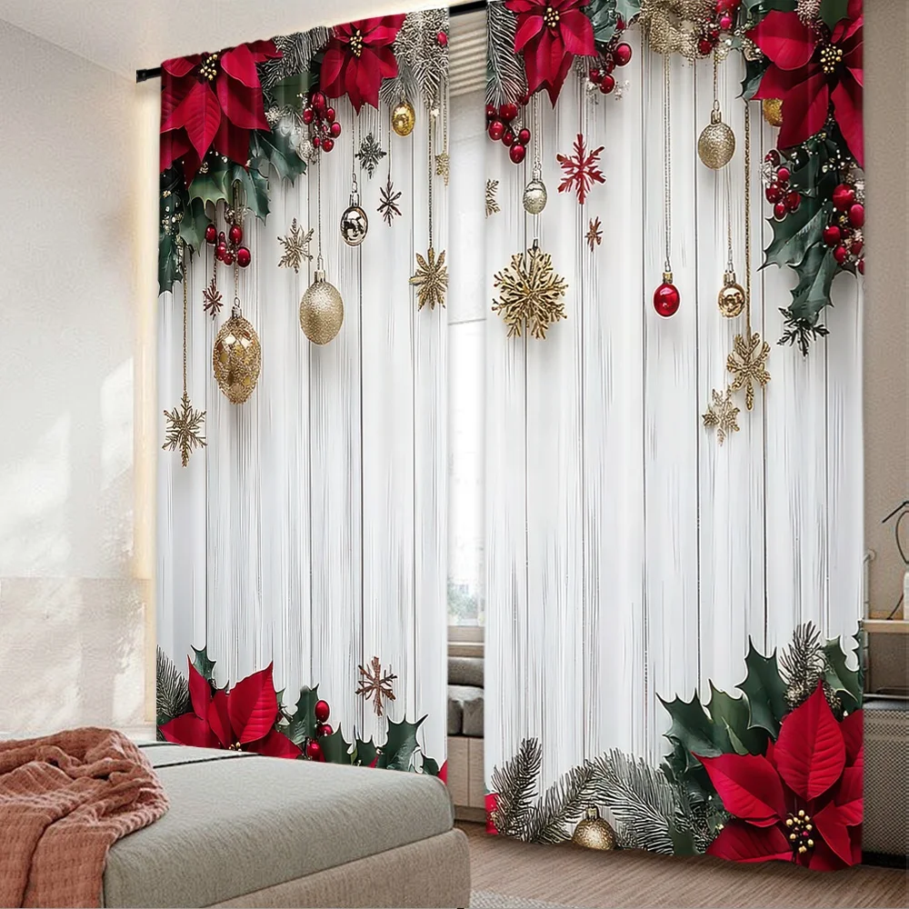 2 Stück 2D-Flachdruck „Happy Christmas Party“-Vorhänge, festliche Eleganz, digital bedruckte Polyester-Vorhänge, Geburtstagsfeier für den Innenbereich