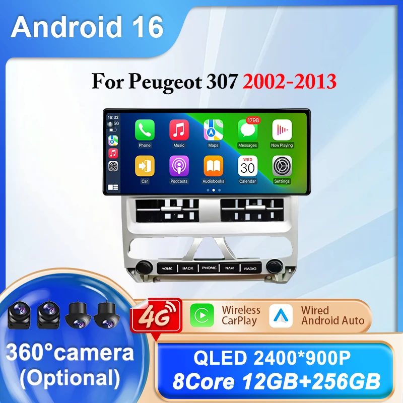 

Автомагнитола для Peugeot 307 2002-2013 с беспроводным CarPlay, Android Auto, мультимедийный проигрыватель, GPS-навигация, разделение экрана, Wi-Fi