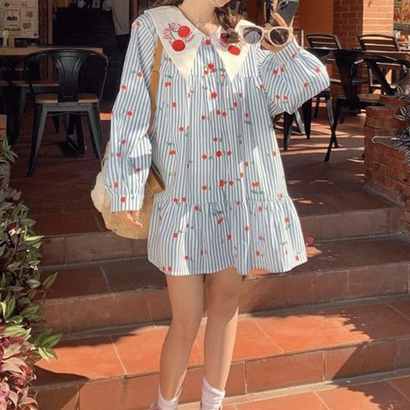 

2024 New Summer Harajuku Kawaii Short Skirt Women's Sweet Loose Casual Striped Cherry Embroidery Print Lapels Long Sleeve Dress