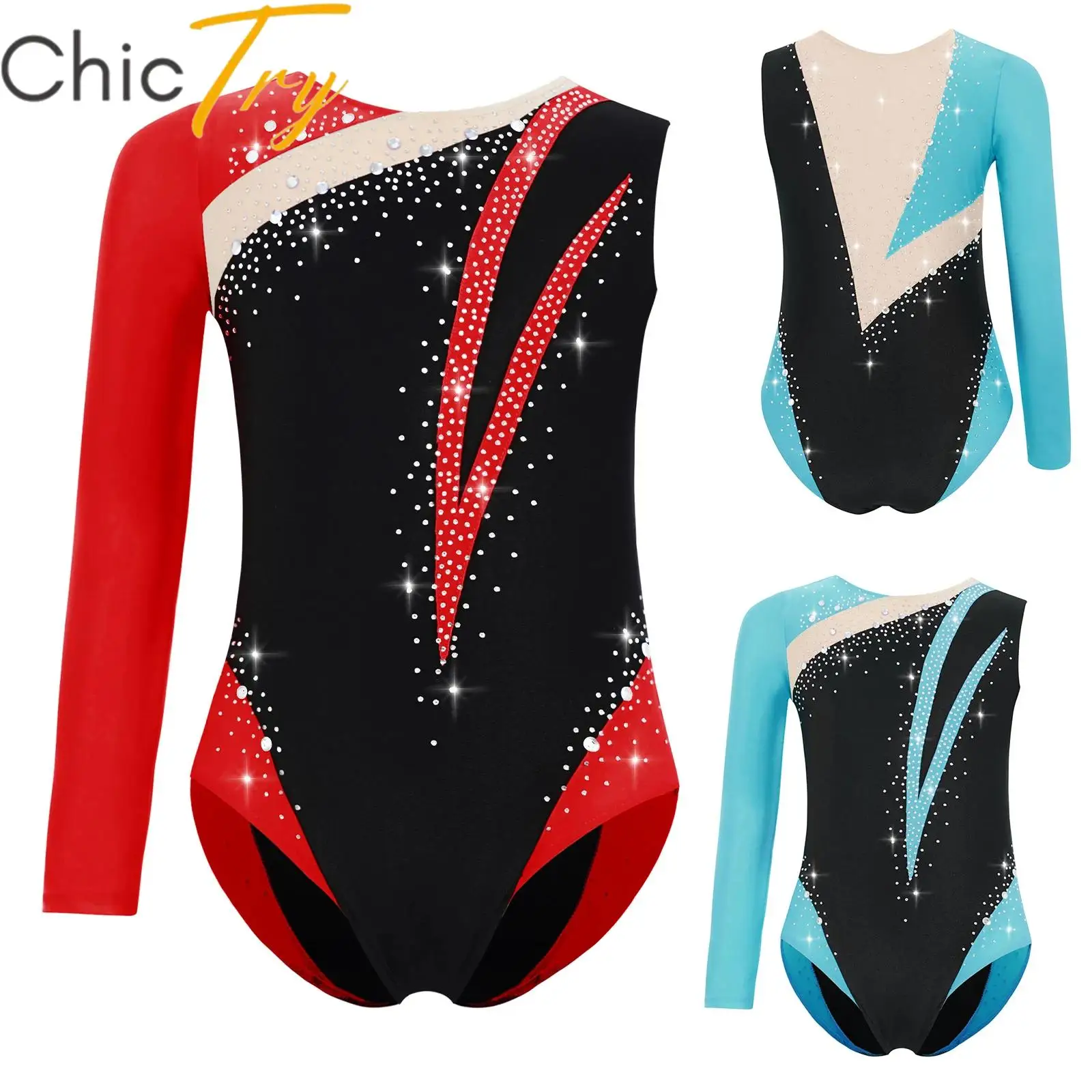 

Kids Girls Ballet Gymnastics Leotard Figure Skating Performance Costume Rhinestones Color Block Asymmetrical Workout Bodysuit