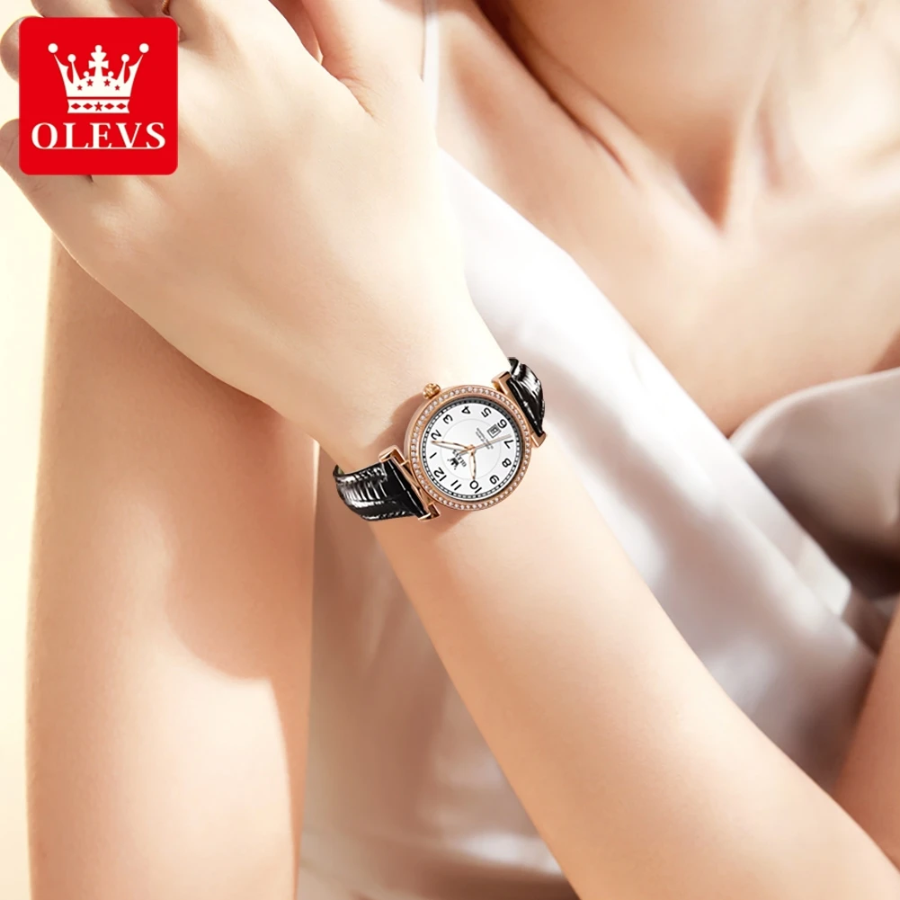 OLEVS Womens Wrist watch Fashion Watches Leather Watch Bands Quartz Watch For Woman Waterproof Date Arabic numeral markers 5590