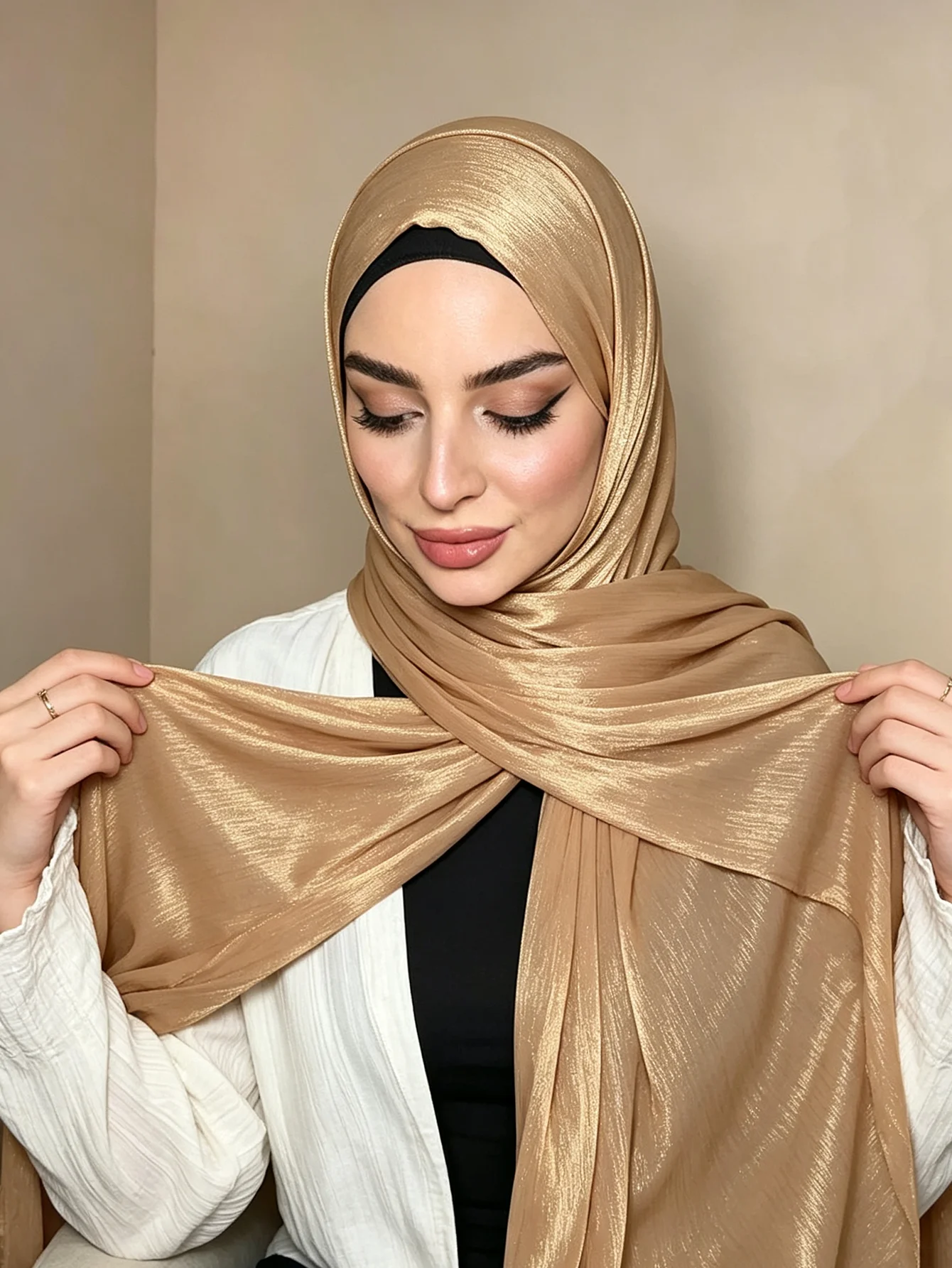 Shimmer Satin Crinkle Hijab Glossy Silk Like Muslim Women Scarf Solid Color Sparkly Chiffon Hijab Islamic Turban Headscarf