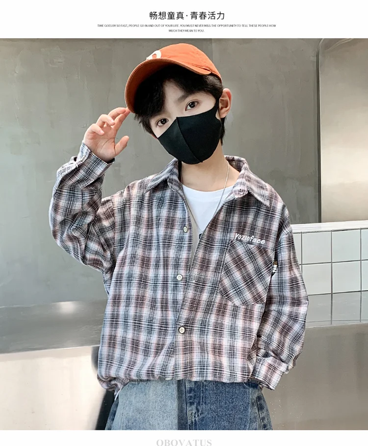 Frühlings-Herbst-Jungenhemd mit Karomuster und Tasche, Langarm, Koreanischer Casual-Stil, Baumwollbluse für größere Kinder, Coole Streetwear für Kinder – Detail 13