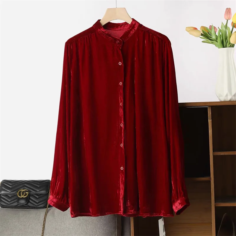 

Women's plus Size Velvet Shirt Long Sleeve Solid Color Stand-Up Collar Base Layer Top for Spring And Autumn Velour Blouse