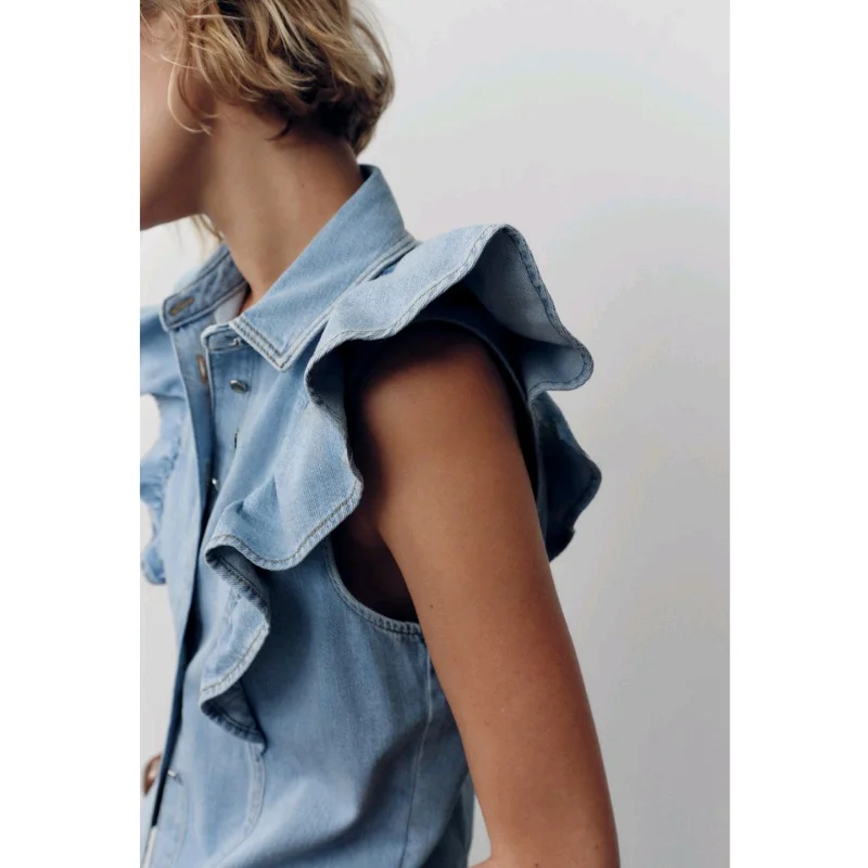 

Summer New Women's Simple Sle Single Button Svel Collar Staed Decorative Denim irt Slim Fit Polyester Fly Sve