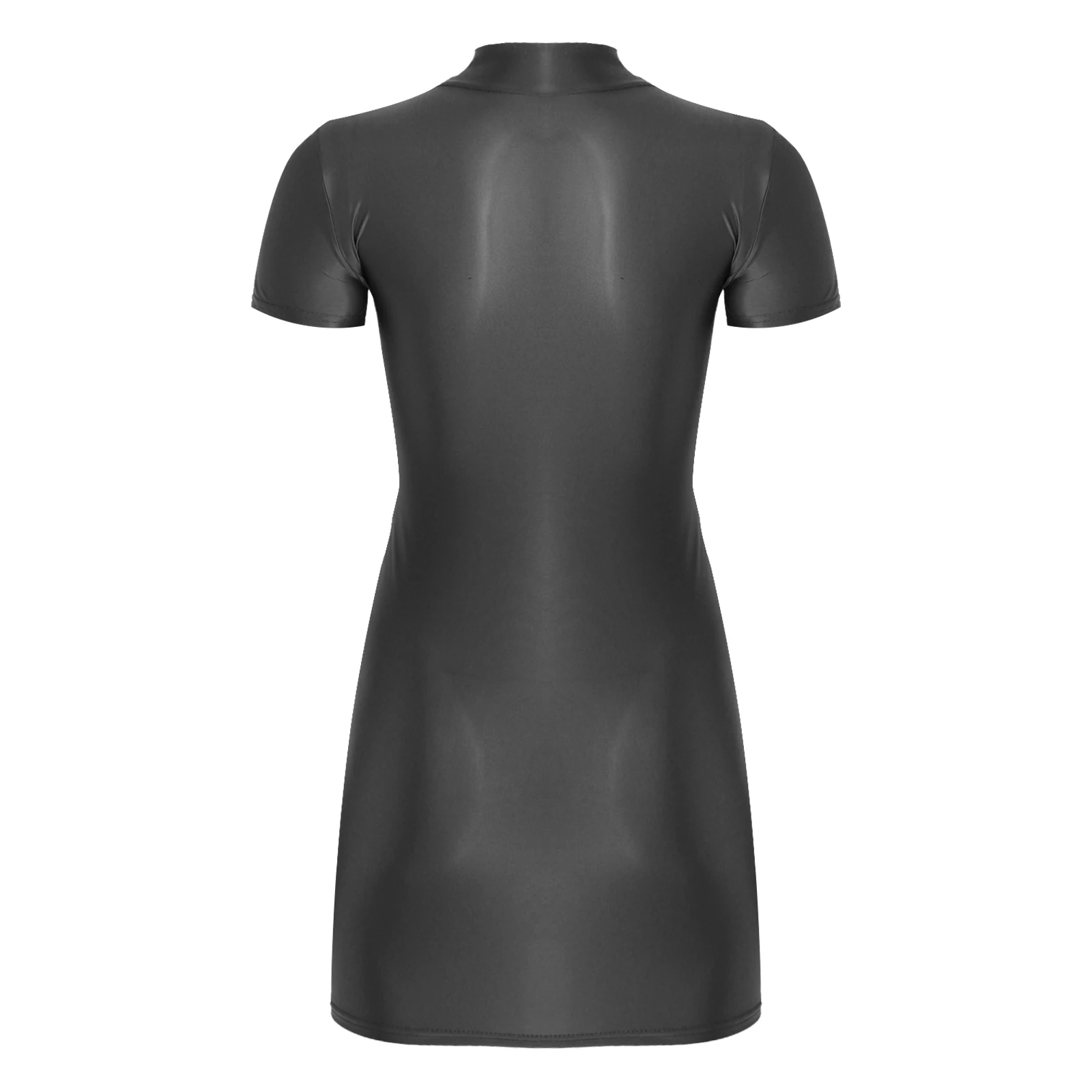 Shiny Sexy Women Bodycon Dress Oil Glossy Smooth See Through Sheer Mini Dresses Mock Neck Short Sleeve Sexy Club Party Dress