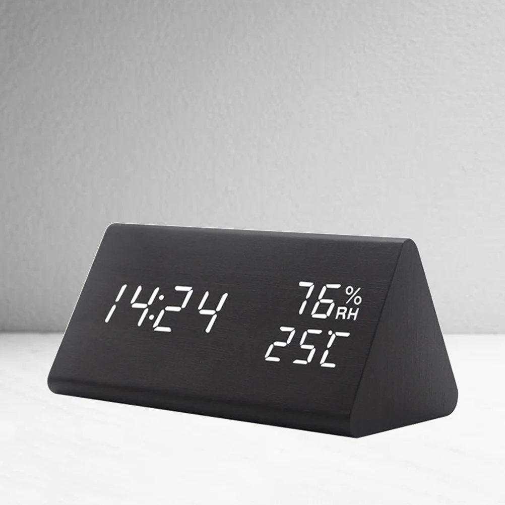

LED Wooden Temperature Humidity Display Alarm Function Modern Large Digital for Home Office Black Sensitive