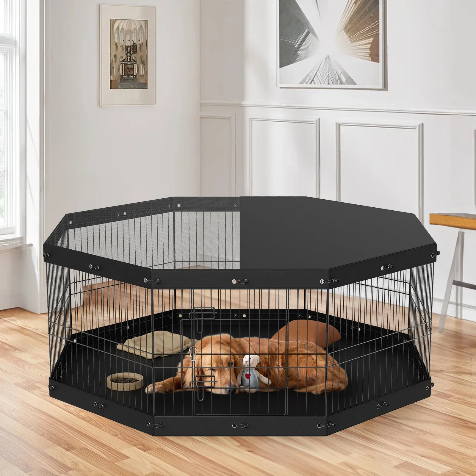 

Dog Playpen, 8 Panels Foldable Metal Dog Exercise Pen With Top Cover And Bottom Pad, 24in H Pet Fence Puppy Crate Kennel