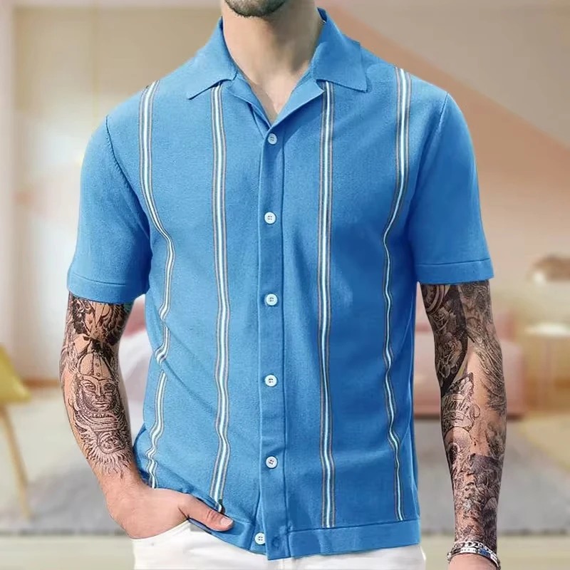 

Japanese and Korean Quality Men's Summer New Striped Knit Suit Collar Fashion Single-breasted Short-sleeved Business POLO Shirt