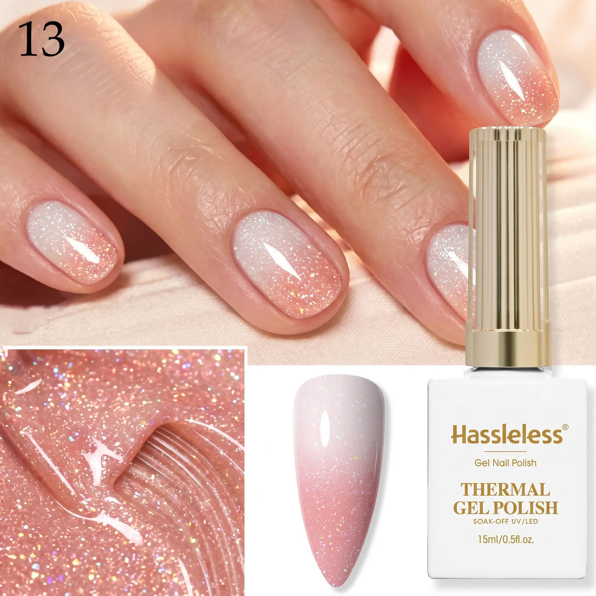 Hassleless Shimmering Peach Temperature-Changing Nail Polish Gel, Single Tube, Moderate Gel Consistency, Smooth Application