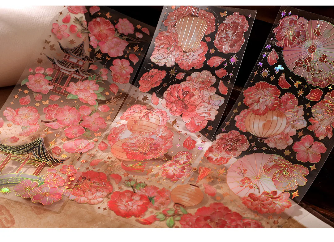 3 Sheets/pack Sky Light Flower Shadow Series 3D Color Hot Gilding PET Stickers China Retro Plants Scrapbook Decorations