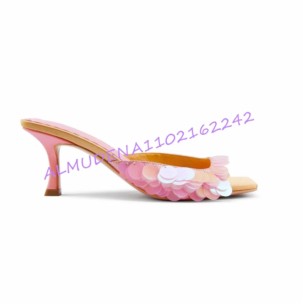 Women Square Open Toe Sequin Kitten Heel Mule Sandals Slip On Backless Slide Slippers Gradient Pink Sequins Decor Fashion Heels