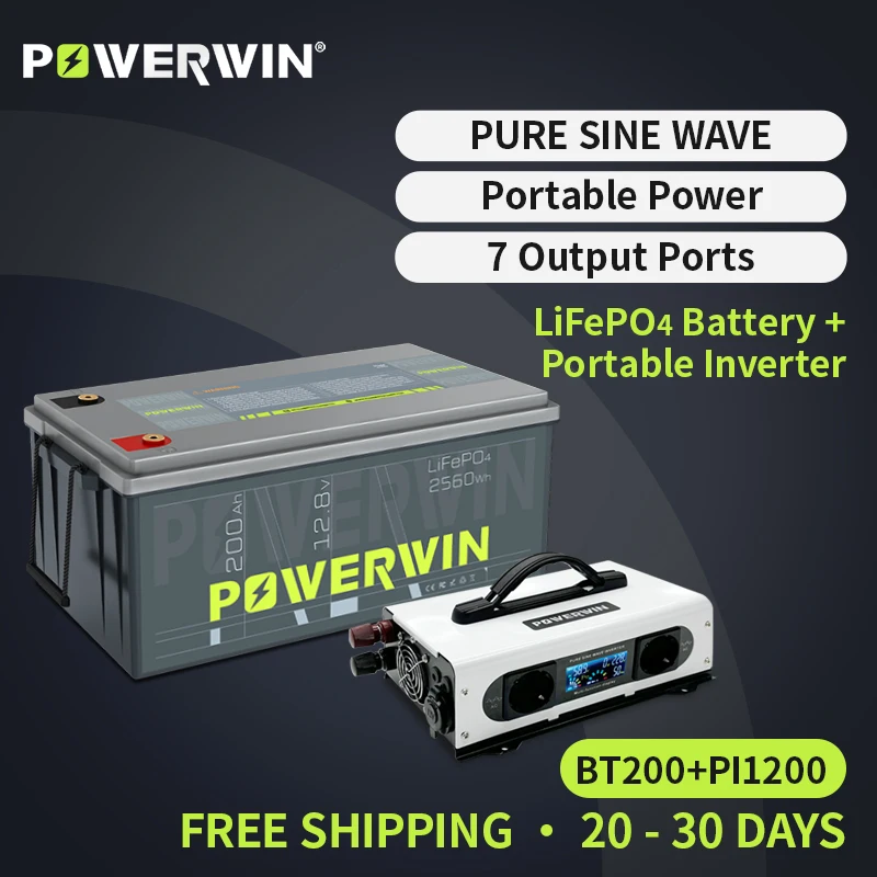 

POWERWIN BT200 12.8V 200Ah 2560Wh LiFePO4 Battery PI1200 Pure Sine Wave 1200W 12V Portable Inverter EU Outlet 12V LCD Screen