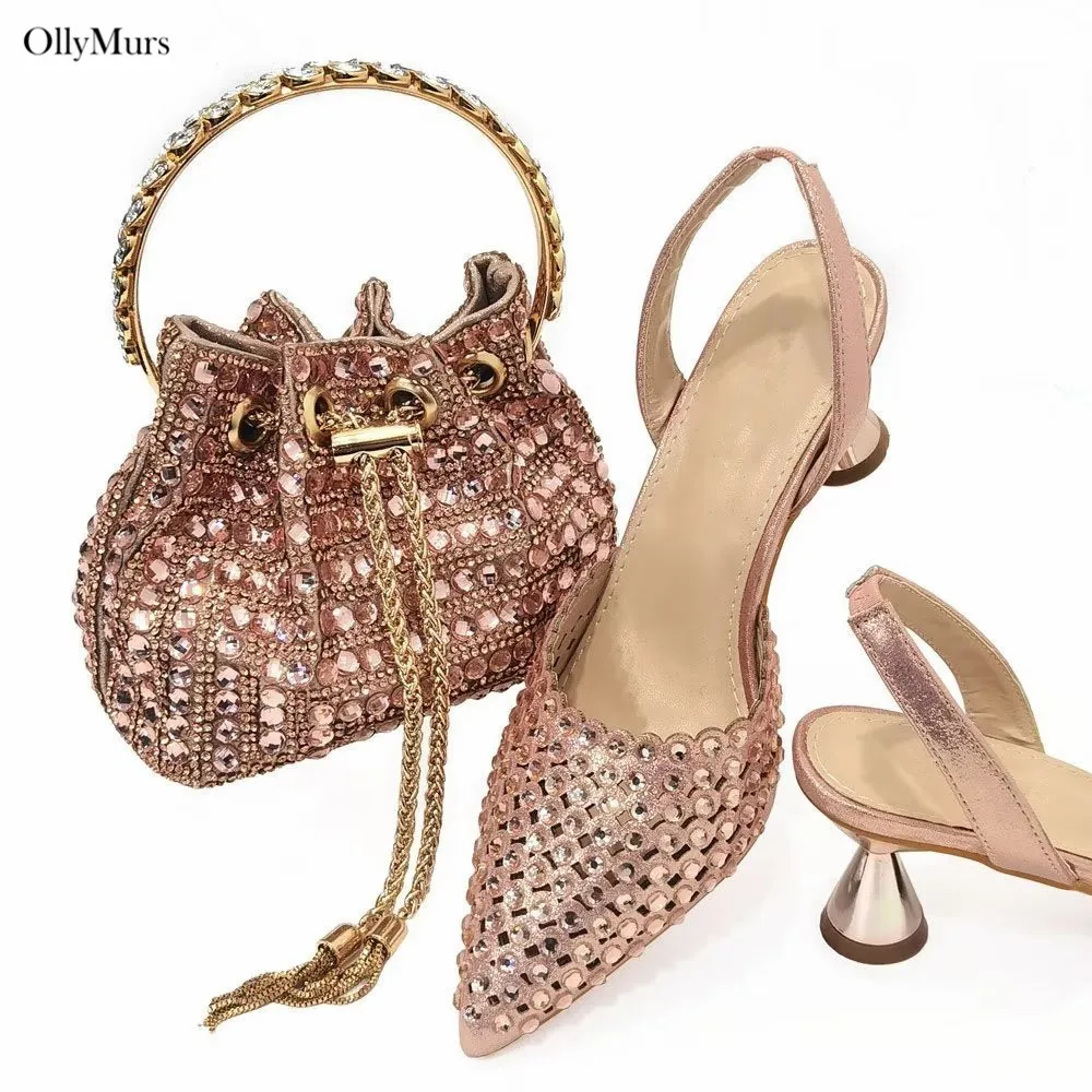 

Italian Summer Elegant PU With Crystal Woman Shoes And Bags Sets African Fashion High Heels Shoes And Purse Set For Party Dress