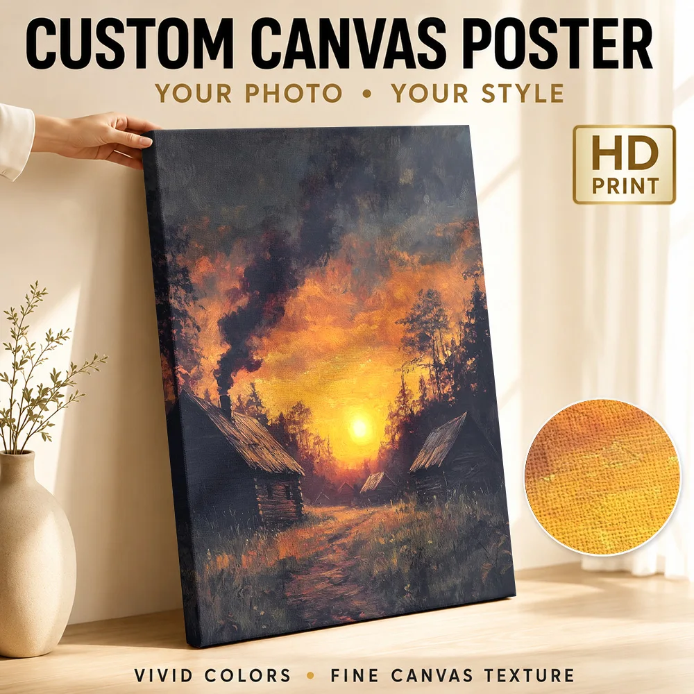 Sunset Village Framed Canvas Poster Custom Photo Travel Landscape Canvas Wall Art for Office Decor Ready to Hang Gift for Fans