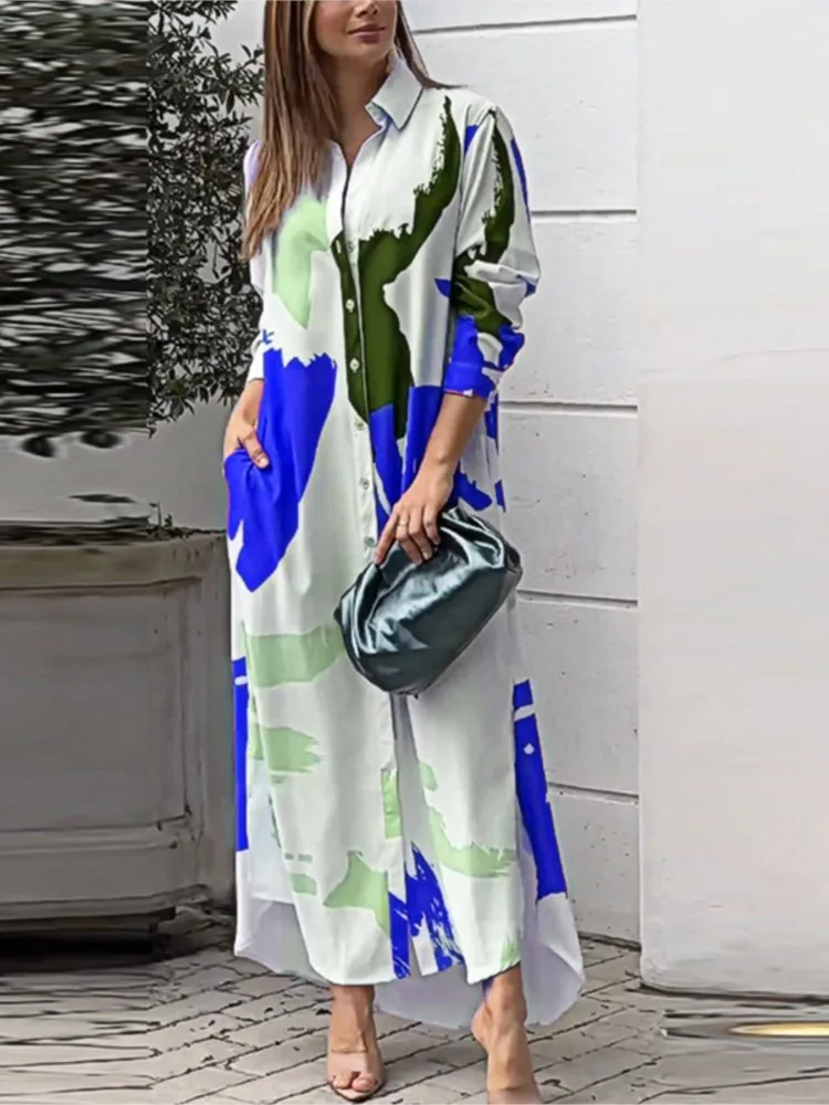 فستان نسائي مطبوع على الموضة كاجوال بأكمام طويلة وأزرار قمصان فضفاضة فساتين للنساء ملابس نسائية أنيقة للمكتب ربيع جديد