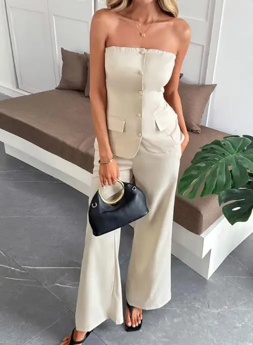 미니멀리스트 스타일 여성 캐미솔 베스트 & 스트레이트 팬츠 세트 2025 가을 겨울 고급 여성 우아한 투피스 의상