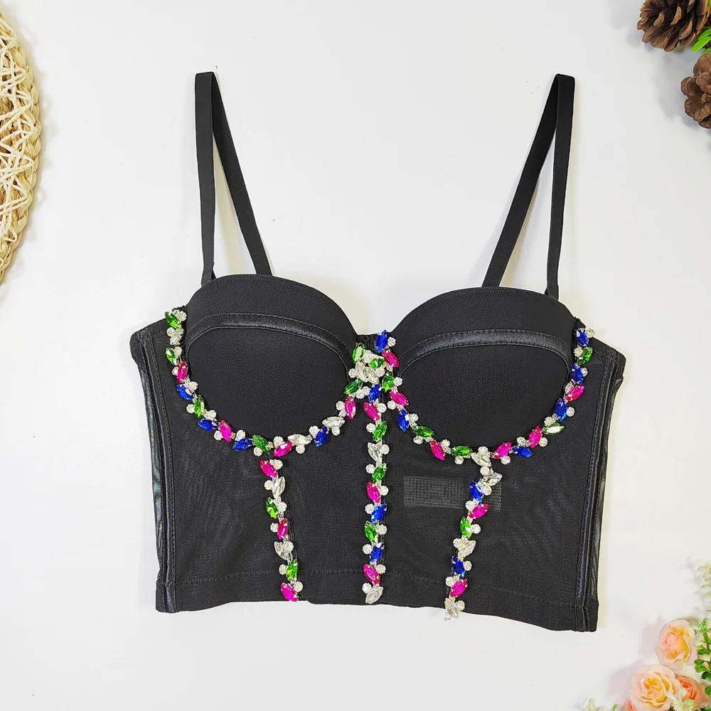 Sexy Rainbow Crystal Fishbone Corset Bustier - Stretchy Mesh Backless Bustier Top with Beaded Details for Women Underbust