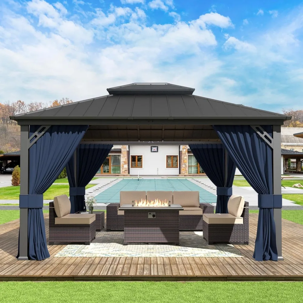 

12' X 14' Gazebo with Curtains and Netting, Double Roof Iron Metal Pergola for Patio, Navy Hardtop Gazebo