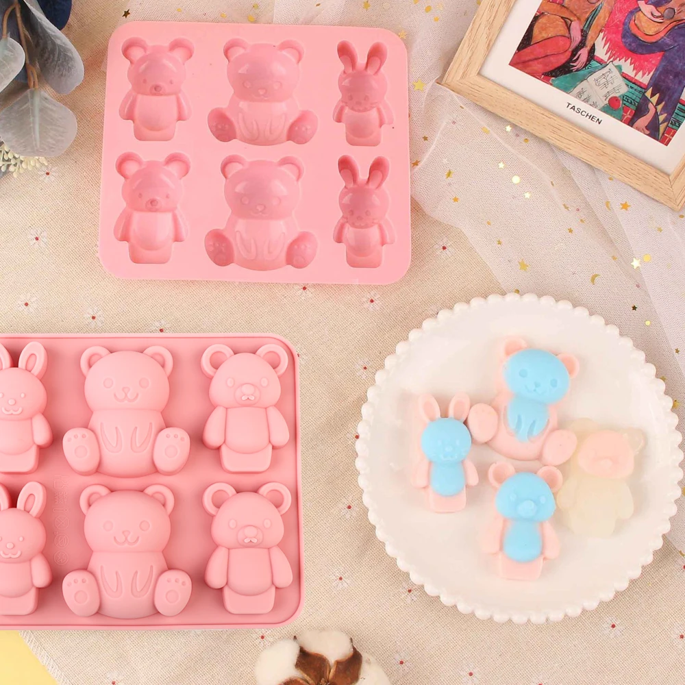 1 molde de silicona para pasteles con forma de osos y conejos adorables, adecuado para hacer chocolate, pasteles, pudines, gelatinas, dulces con forma de oso de dibujos animados, decoraciones para pasteles, velas con forma de oso, jabones hechos a mano, m