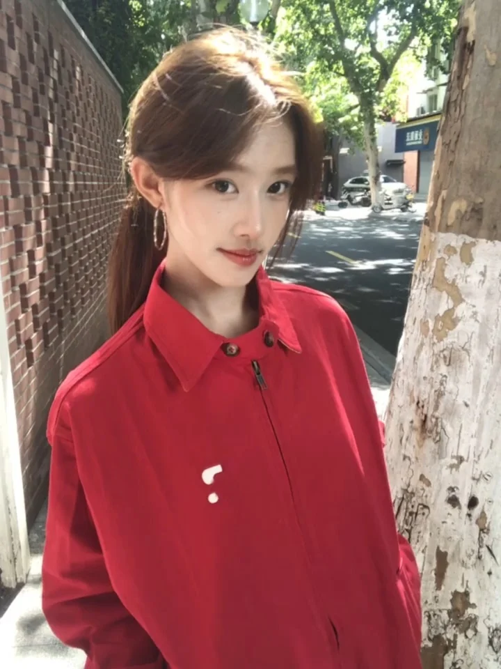 

Red Harlan Jaet Women's Sle Loose Vintage Collar Baseball Coat Trendy Brand ort Sve Zipper Closure No Hat Included