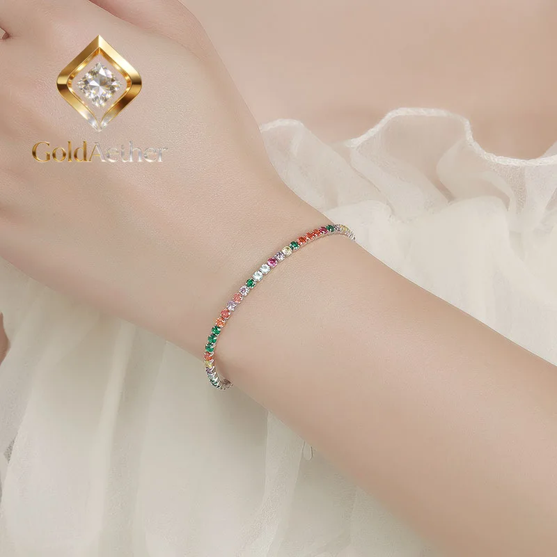 

GoldAether Luxury Solid Platinum PT950 Rainbow Moissanite Diamond Bracelet Necklace Set Women's Full Diamond Necklace