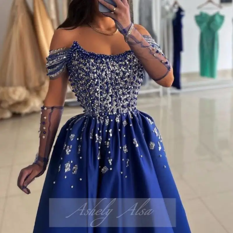 Customized Luxury Blue Beaded Prom Dress Off Shoulder Pearls Crystal Satin Slit Party Special Occasion Dress Formal Evening Wear