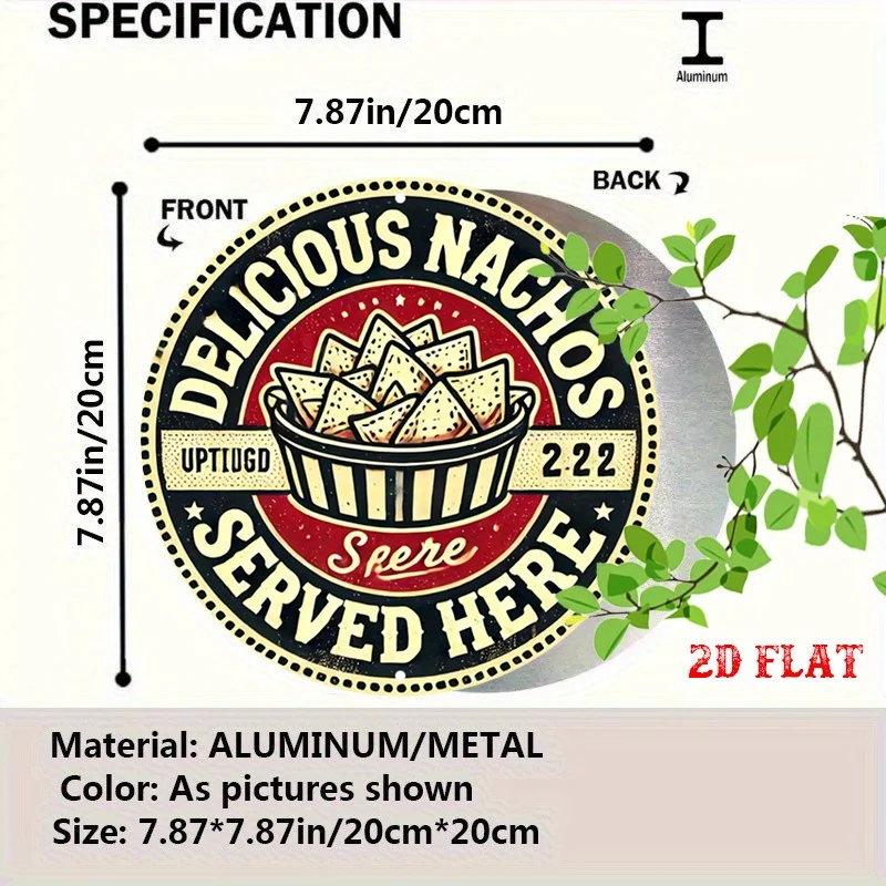 2D Flat - Round Aluminum Sign Featuring 2D Flat Design of Mexican Food, Showcasing Tasty Nacho Chips. This Rustic Metal Wall