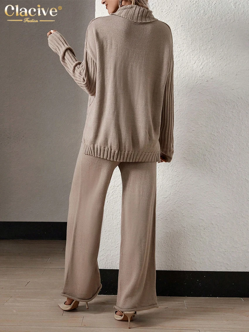 Clacive Winter Loose Khaki 2 Pieces Set Women 2025 Fashion Long Sleeve Sweater With High Waist Wide Pants Set Female Clothing