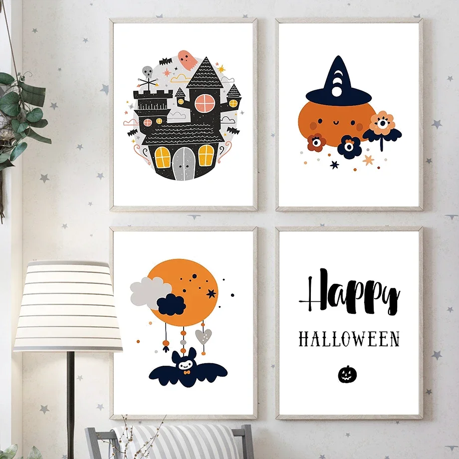 Pintura en lienzo, carteles nórdicos e impresiones de dibujos animados, Castillo de calabaza de Halloween, esqueleto de alma, imágenes artísticas de pared para habitación de niños