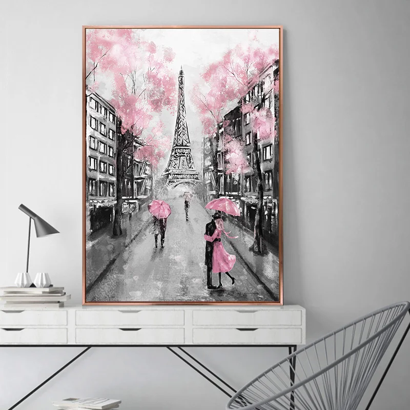 Pink Romantic City Couple Paris Eiffel Tower Posters Prints Landscape Canvas Painting Wall Art Pictures Living Room Home Decor