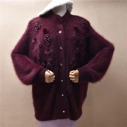 Ladies Women Fall Winter Vintage Embroidery Beading Angora Rabbit Hair Knitted Long Batwing Sleeves Loose Cardigans Sweater Pull