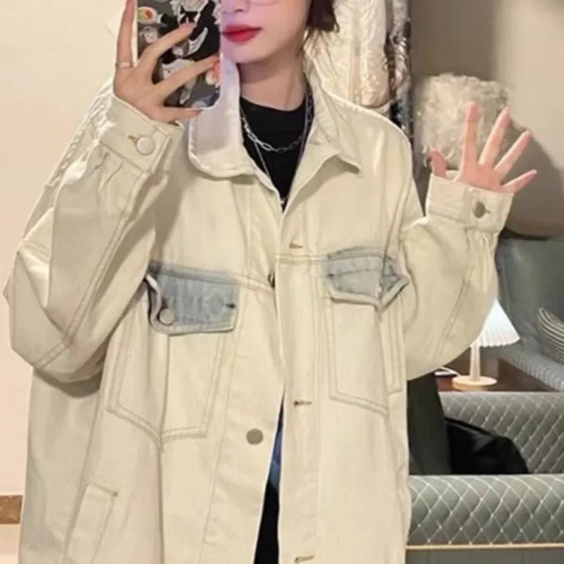 

Vintage Coats for Women Young Girls Korean Style Chic Spring Autumn Ulzzang Denim Turn-down Collar Cool Loose Single Breasted