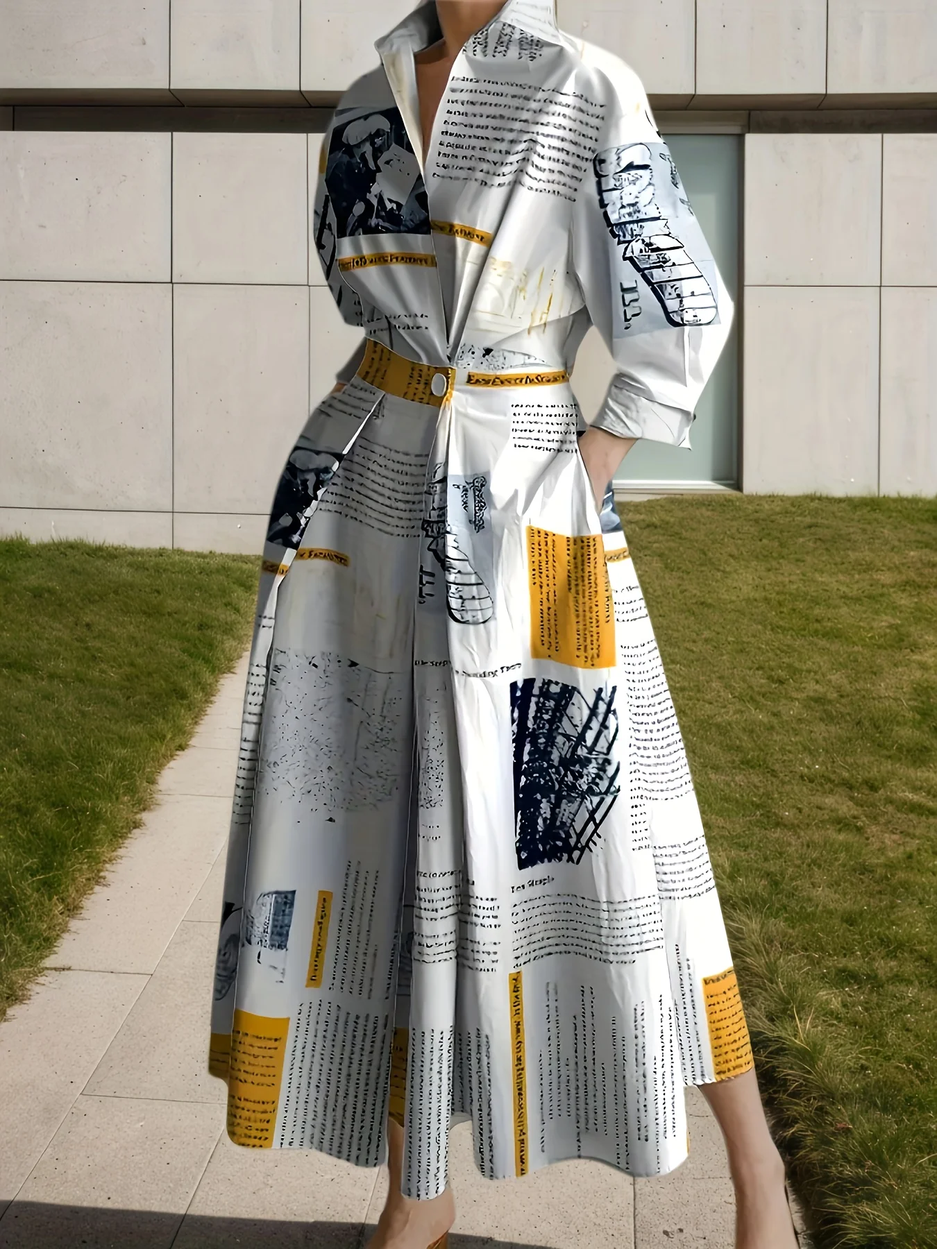 فستان نسائي جديد مطبوع عليه صحيفة لعام 2025 مع ياقة واقفة، فستان خريفي طويل الأكمام حضري غير رسمي متوسط الطول