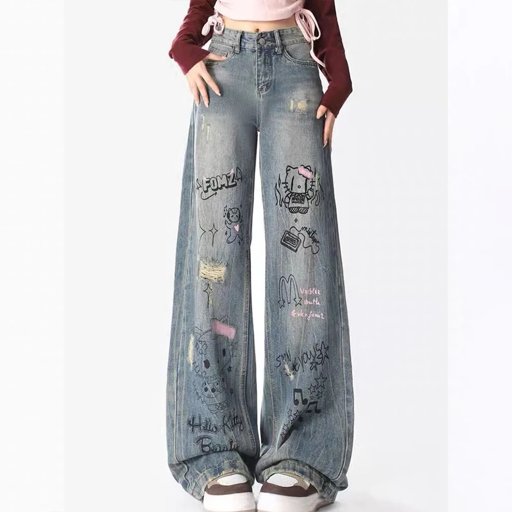 Hallo Kitty Y2K Jeans Sanrios Anime Kawaii Amerikanischen Stil Vintage Frauen Hosen Frühling Herbst Hohe Taille Trend Lose Wischen Hosen