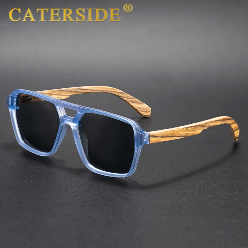 CATERSIDE Piloten-Sonnenbrille für Herren, Massivholz-Bügel, flaches Doppelbrücken-Design, Sonnenbrille für Damen, Sommer-Outdoor-Modebrille – Detail 1