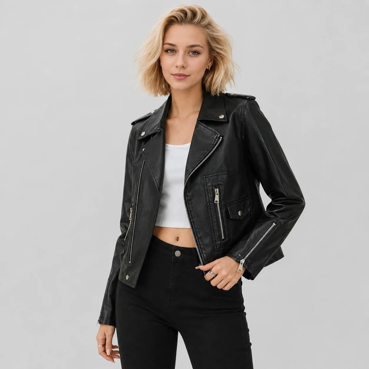 EOENKKY Women's PU Leather Jacket Cropped Moto Biker Coat Zip Lapel Autumn Casual Streetwear Outerwear